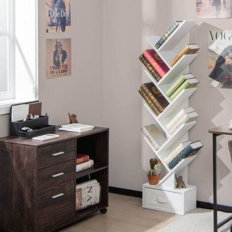Tree Bookshelf 59” Narrow Free-standing Bookcase Storage Organizer-White