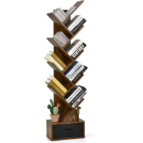 Tree Bookshelf 59” Narrow Free-standing Bookcase Storage Organizer-Coffee