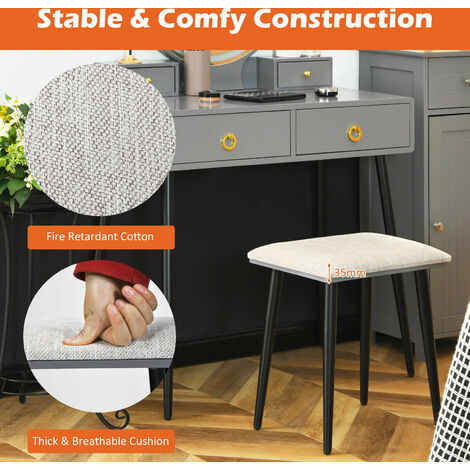 COSTWAY Dressing Table Set with 3-Color Adjustable LED Lights Mirror, Wooden Detachable Makeup Vanity Table Stool Set, Home Bedroom Furniture Cosmetics Dresser Gift (Grey+Black, 4 Drawers)