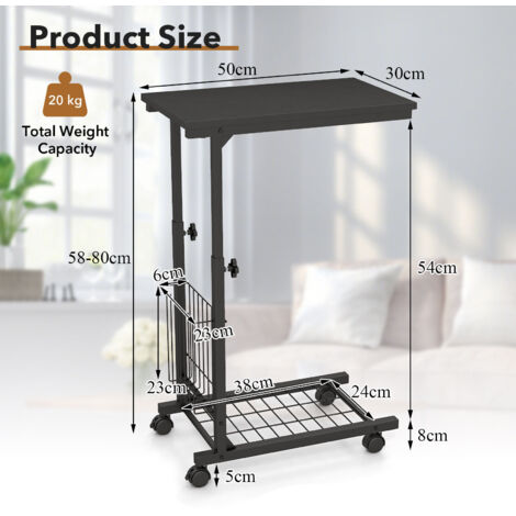 C-shaped Sofa Side Table Rolling End Table Height Adjustable  w/ Storage Basket
