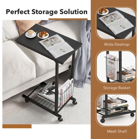 C-shaped Sofa Side Table Rolling End Table Height Adjustable  w/ Storage Basket