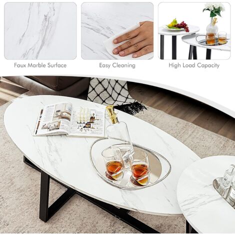 COSTWAY Nesting Coffee Table Set of 2 Detachable Marble Coffee Table with Oval & Round Table