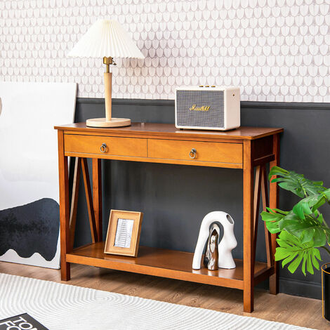 3-Tier Console Table with a Large Slide Drawer and Storage Shelves - Costway