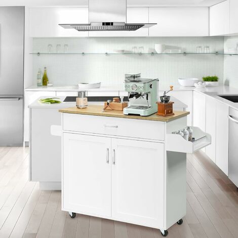 Rolling Kitchen Island with Storage, Multifunctional Storage Cabinet with Towel Rack, Spice Rack, Large Drawer & Adjustable Shelf, 116 x 40 x 85 cm Mobile Cart with Lockable Universal Casters, White