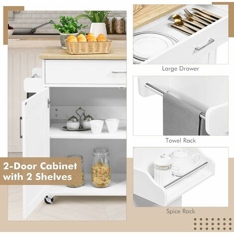 Rolling Kitchen Island with Storage, Multifunctional Storage Cabinet with Towel Rack, Spice Rack, Large Drawer & Adjustable Shelf, 116 x 40 x 85 cm Mobile Cart with Lockable Universal Casters, White