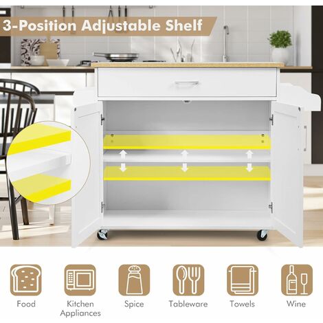 Rolling Kitchen Island with Storage, Multifunctional Storage Cabinet with Towel Rack, Spice Rack, Large Drawer & Adjustable Shelf, 116 x 40 x 85 cm Mobile Cart with Lockable Universal Casters, White