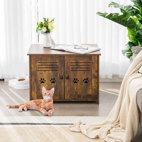 3-in-1 Cat Litter Box Enclosure Side Entrance Cat House End Table Double Doors