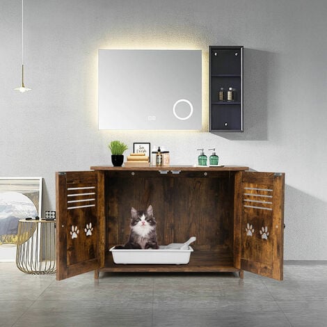 3-in-1 Cat Litter Box Enclosure Side Entrance Cat House End Table Double Doors