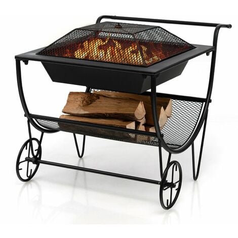 Outdoor Wood Burning Fire pit Steel Patio Stove w/ Log Storage Rack & Wheels