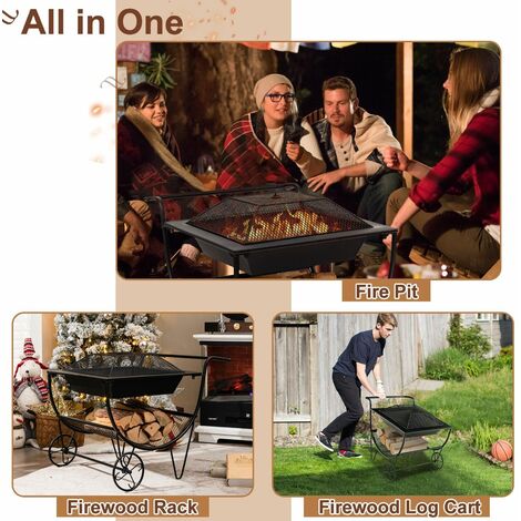 Outdoor Wood Burning Fire pit Steel Patio Stove w/ Log Storage Rack & Wheels
