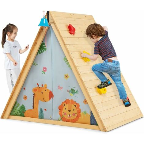 COSTWAY Kids Wooden Playhouse Tent, 2-in-1 Children Climbing Wall with Front Bell, Window and Remoavbel Door Curtain, Toddler Activity Play Set for Indoor & Outdoor Use