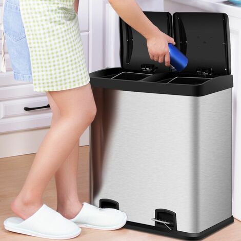 60L Double Recycle Pedal Bin Stainless Steel Dual Step Trash Can Garbage Bin