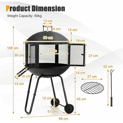 Round Fire Pit Set Rolling Wood Burning Firepit Outdoor Fireplace Log ...
