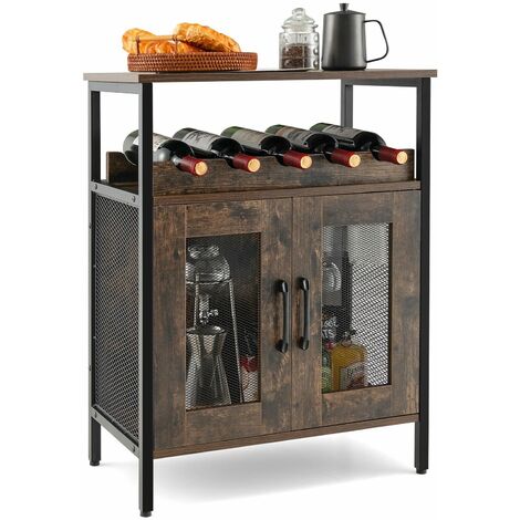 Industrial Wine Bar Cabinet Kitchen Storage Sideboard W/ Wine Rack Glass Holders