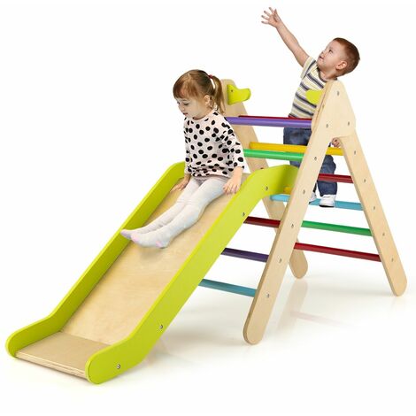 2-in-1 Triangle Climbing Set Kids Wooden Triangle Climber With Adjustable Slide