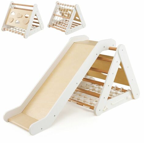 4-in-1 Triangle Climbing Set Wooden Toddler Climber with Ramp Sliding Board (1/5)