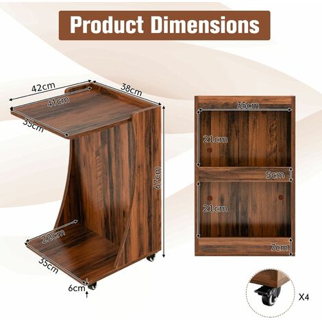 C-Shaped End Table Mobile Sofa Side Table Coffee Laptop Table W/ Swivel Casters
