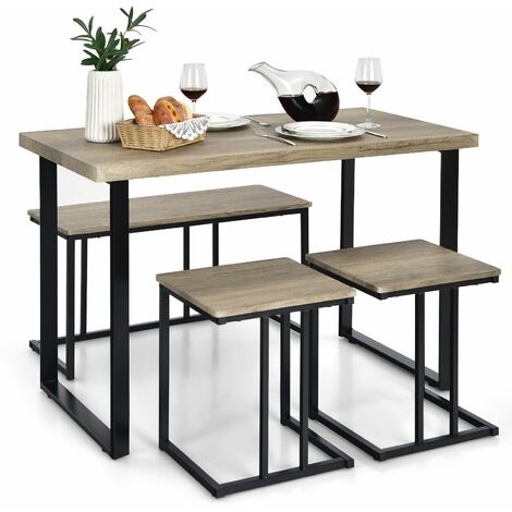 4PCS Industrial Dining Table & Chair Set Kitchen Furniture Table Bench 2 Stools