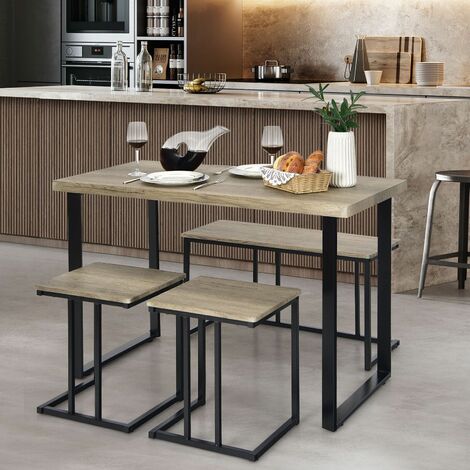 4PCS Industrial Dining Table & Chair Set Kitchen Furniture Table Bench 2 Stools