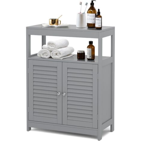 Bathroom Floor Cabinet Wooden Storage Organizer Freestanding Double Shutter Door (1/5)
