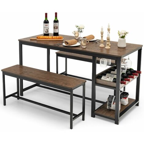 3PCS Dining Table Set Kitchen Table & 2 Benches W/ Storage Shelf Wine Rack