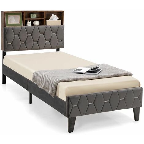 Single Size Bed Frame Upholstered Platform Bed Slat Support W/ Storage Headboard