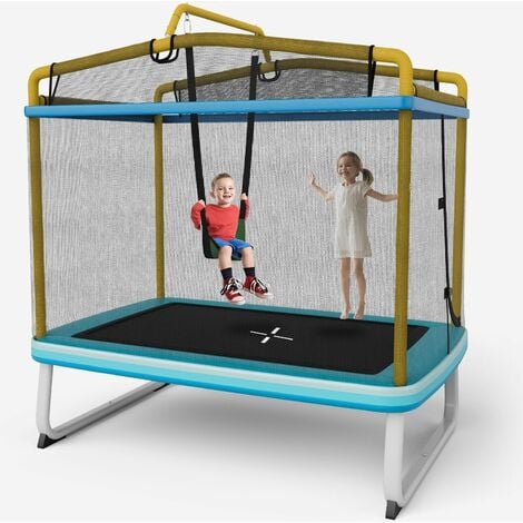 3-in-1 Kids Trampoline 6FT Rectangle Toddler Trampoline w/ Swing Horizontal Bar