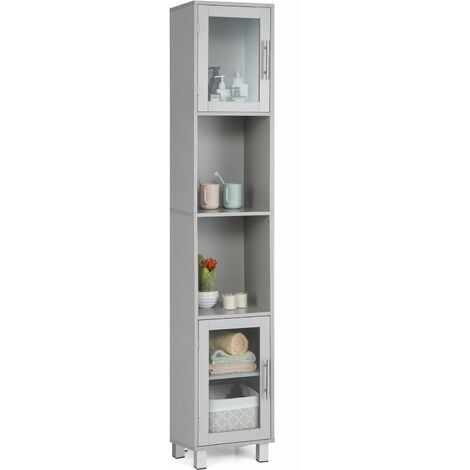 Bathroom Tall Cabinet Slim Freestanding Storage Organizer Cupboard 2 Glass Doors