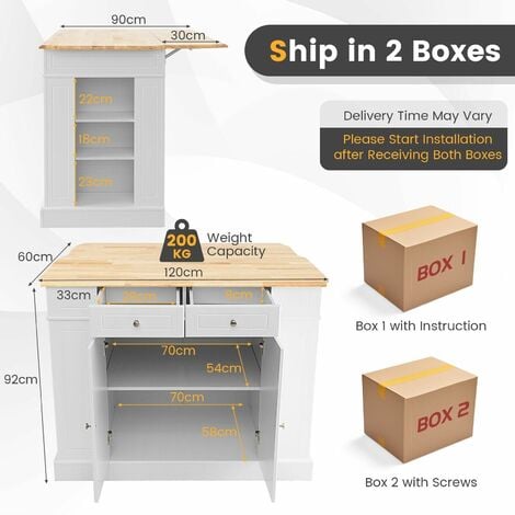 Kitchen Island Storage Cupboard W/Drop Leaf Countertop Side Racks 2-Door Cabinet