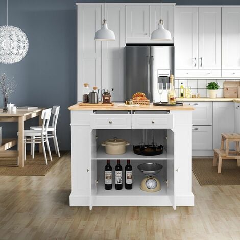 Kitchen Island Storage Cupboard W/Drop Leaf Countertop Side Racks 2-Door Cabinet