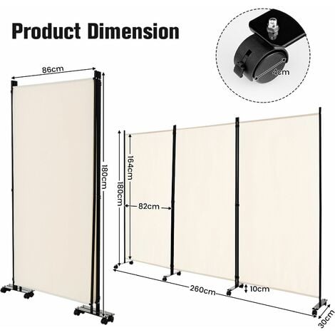 3 Panel Room Divider on Wheels Rolling Privacy Screens Portable Freestanding