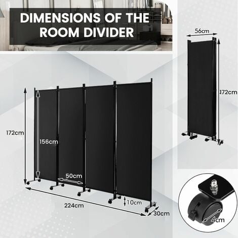 4 Panel Room Divider on Wheels Rolling Privacy Screens Portable Freestanding