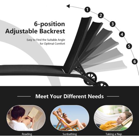 Garden Sun Lounger with Wheels 6 Positions Adjustable Chaise Lounge Deck Sunbed