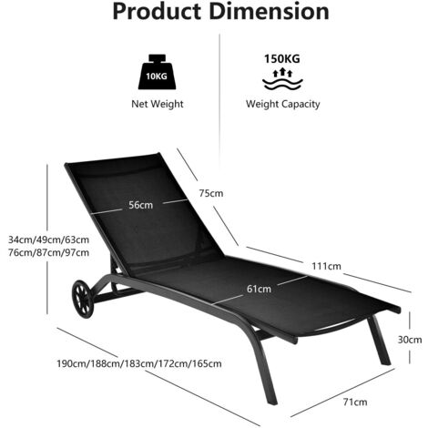 Garden Sun Lounger with Wheels 6 Positions Adjustable Chaise Lounge Deck Sunbed