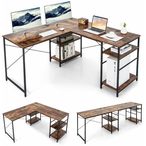 COSTWAY L-Shaped Corner Computer Desk Study Writing Desk Workstation with Storage Shelf