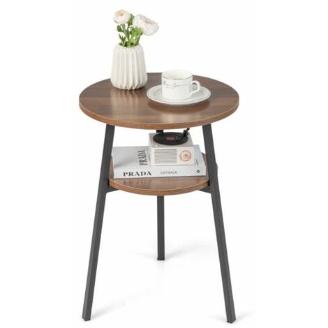 Round Side Table Wooden 2-Tier Sofa End Beside Accent Table W/ Storage Shelf (1/5)