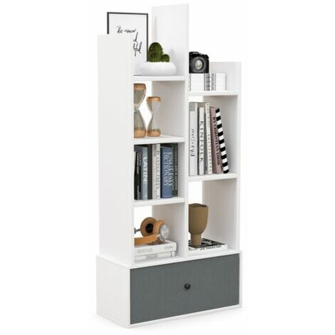 7 Tier Bookshelf Open Storage Wood Bookcase Organizer Display Shelf w/ Drawer (1/5)