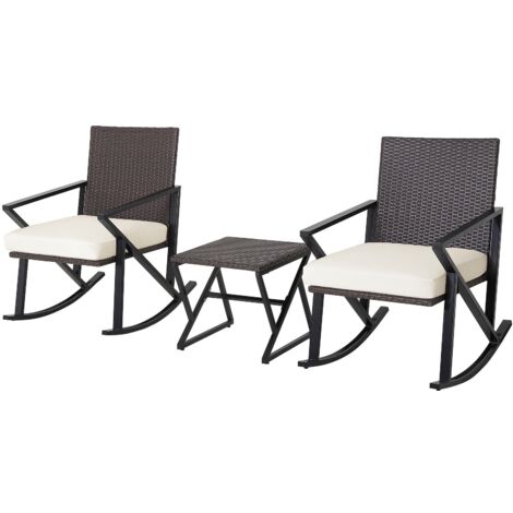 3 Piece Patio Rocking Set PE Wicker Rocking Chairs and Side Table W/ Cushion