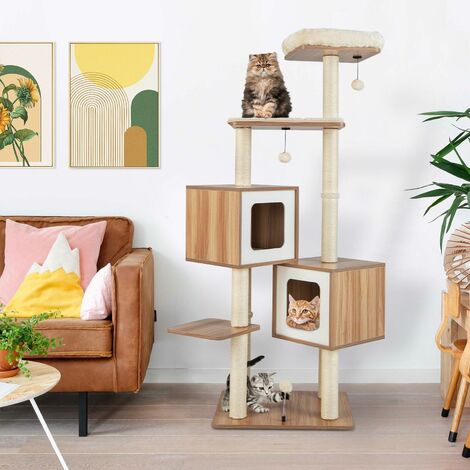 Wooden Cat Tower Large Modern Cat Tree Tower Multi-level Cat Play ...