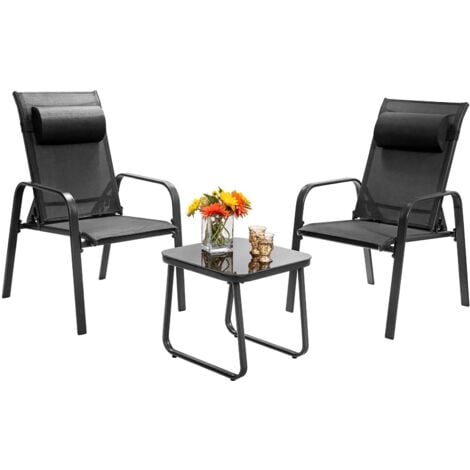 3PCS Patio Bistro Set Conversation Furniture Coffee Table and 2 Chair-Black