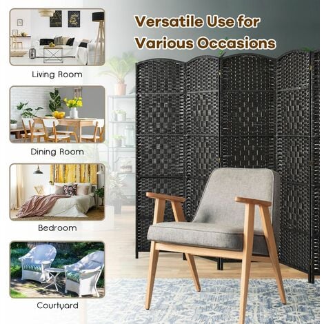 6 Panel Room Divider Privacy Screen Wall Folding Partition Hand-woven Rattan
