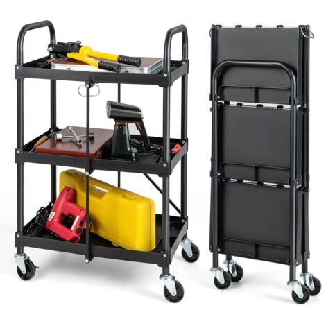 3-Tier Folding Storage Trolley Heavy Duty Tool Cart Rolling Storage Organizer