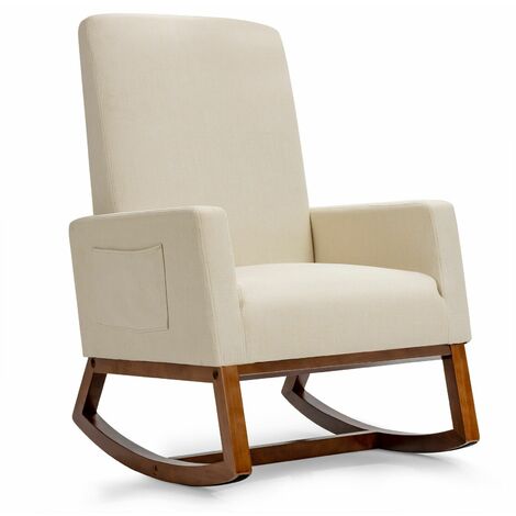 Modern Rocking Chair Upholstered Fabric Leisure Armchair with Rubber Wood Base