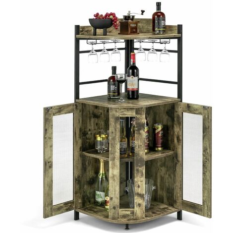 Corner Bar Cabinet Industrial Wine Buffet Cabinet with Glass Holder Mesh Doors (1/5)