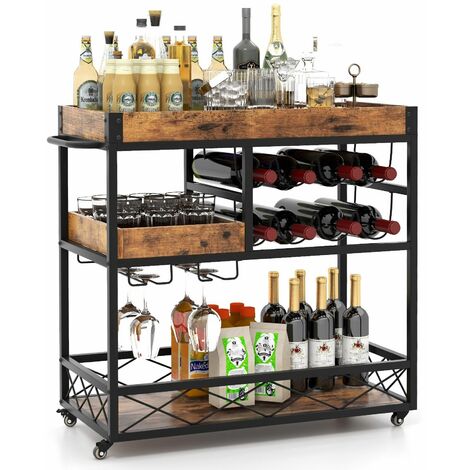 3-Tier Industrial Kitchen Serving Cart Rolling Bar Serving Trolley W/ Wine Rack (1/5)