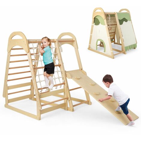 Wooden Climber Playset with Slide Removable Tent Climbing Ladder Jungle Gym Play