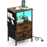 COSTWAY Narrow Bedside Table with LED Light 2 Fabric Drawers Brown