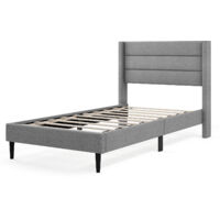 COSTWAY Single Bed Frame Linen Upholstered Platform Bed w/Headboard-Grey