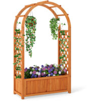 COSTWAY Raised Garden Bed Wood Planter Box with Arch Trellis-Brown