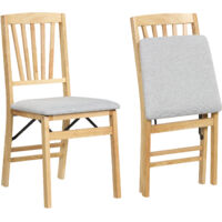 COSTWAY Folding Dining Chairs Set of 2 Rubber Wood Frame Padded Seat 800LBS Capacity Farmhouse Style Kitchen Chairs Natural